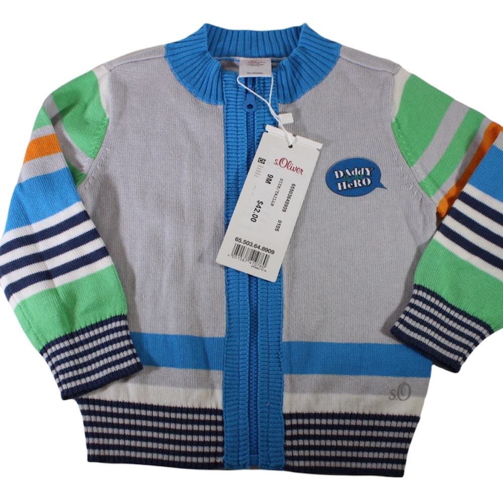 S. OLIVER Boys Striped Cardigan Sweater Full Zip “Daddy is my Hero” 9 Months NWT